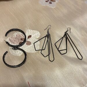 Black Geometric Drop Earrings & Hoop Set - Women Jewelry